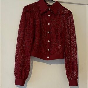 Chic Burgundy Lace Button-Up Blouse